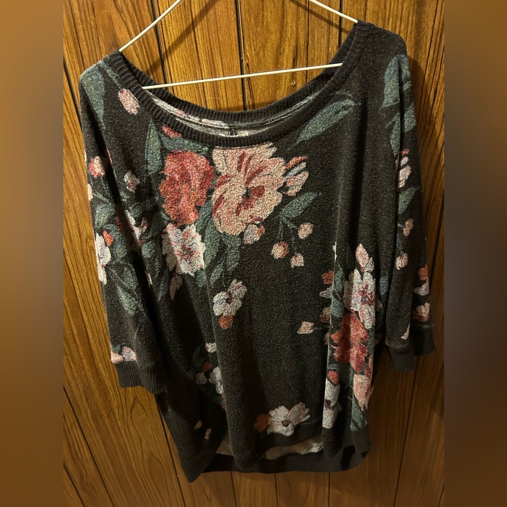 Maurices, pink, black and green flower sweater